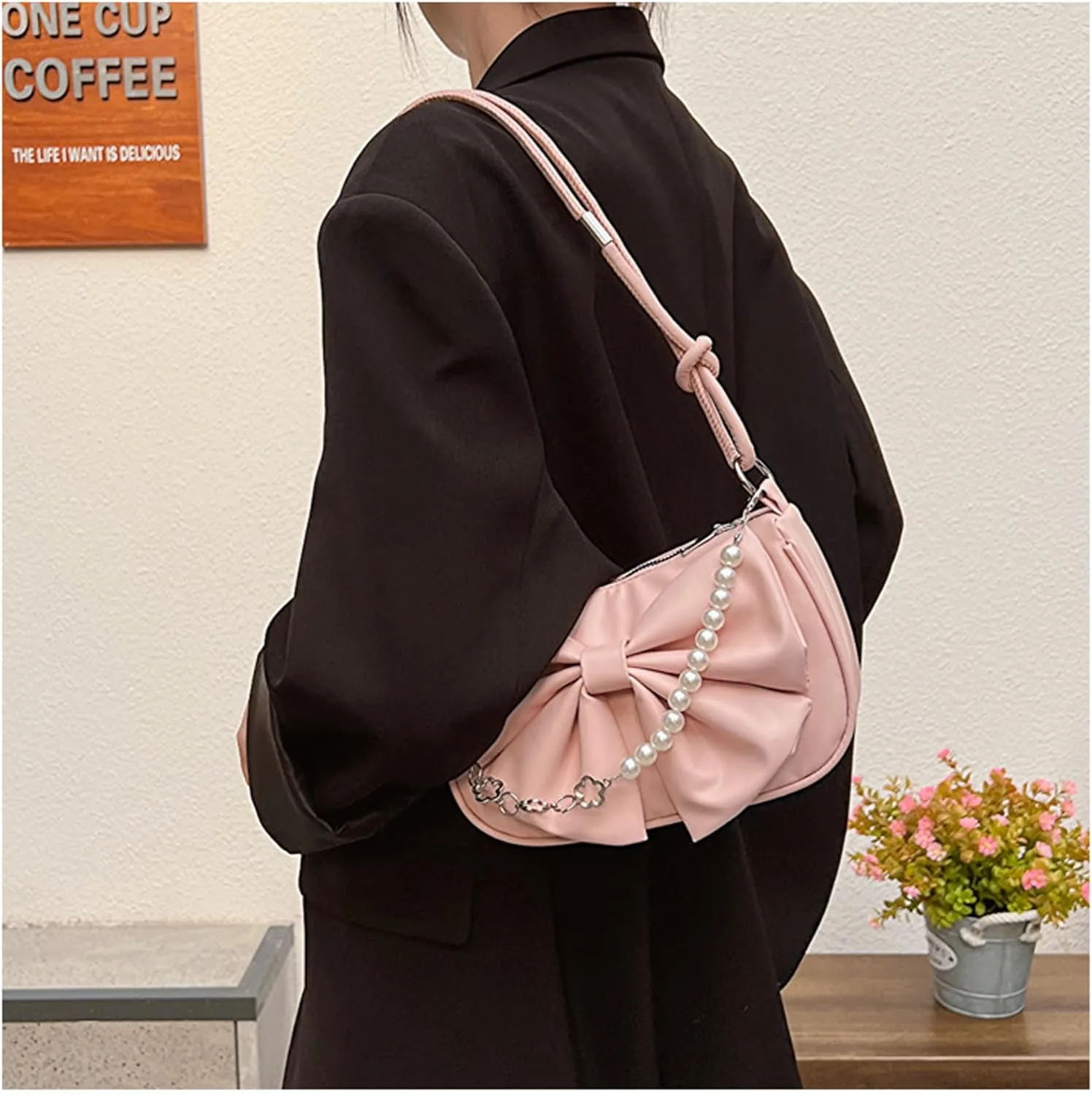 AMPOSSTO Bow Crossbody Bag for Women Girls Fashion Shoulder Bag Pearl Chain Handbag
