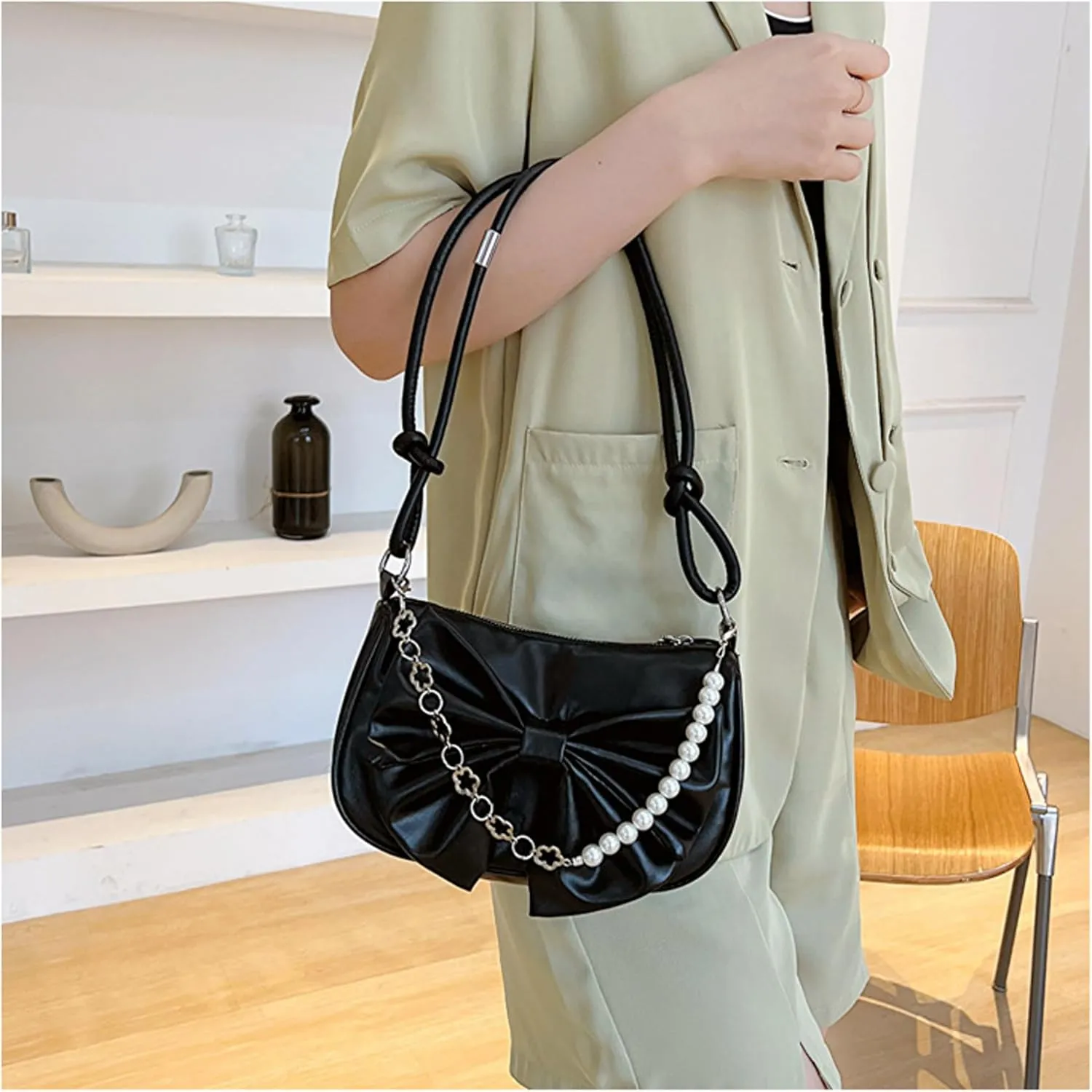 AMPOSSTO Bow Crossbody Bag for Women Girls Fashion Shoulder Bag Pearl Chain Handbag