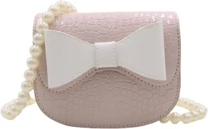 AMPOSSTO Bow Crossbody Purse for Girls Little Girls Kids Small Cross Body Bag Pearl Chain Strap Shoulder Bag Handbag