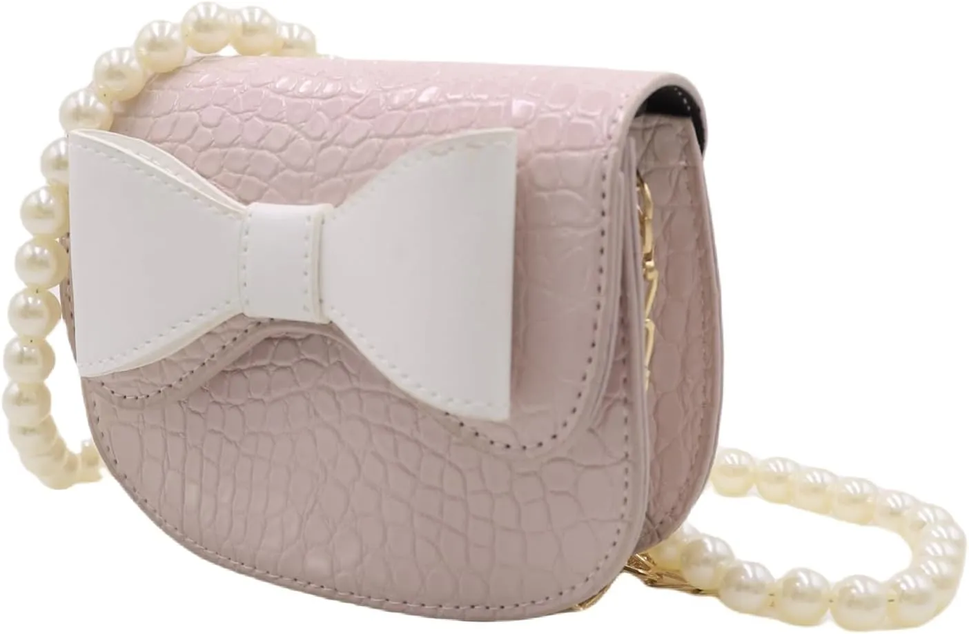 AMPOSSTO Bow Crossbody Purse for Girls Little Girls Kids Small Cross Body Bag Pearl Chain Strap Shoulder Bag Handbag