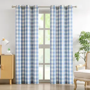 Amzdecor Buffalo Plaid Grommet Curtains 84 Inch Length, Light Filtering Semi-Sheer Check Linen Textured Curtains Drapery for Living Room Bedroom Farmhouse,2 Panels （40" x 84", Blue & Linen）