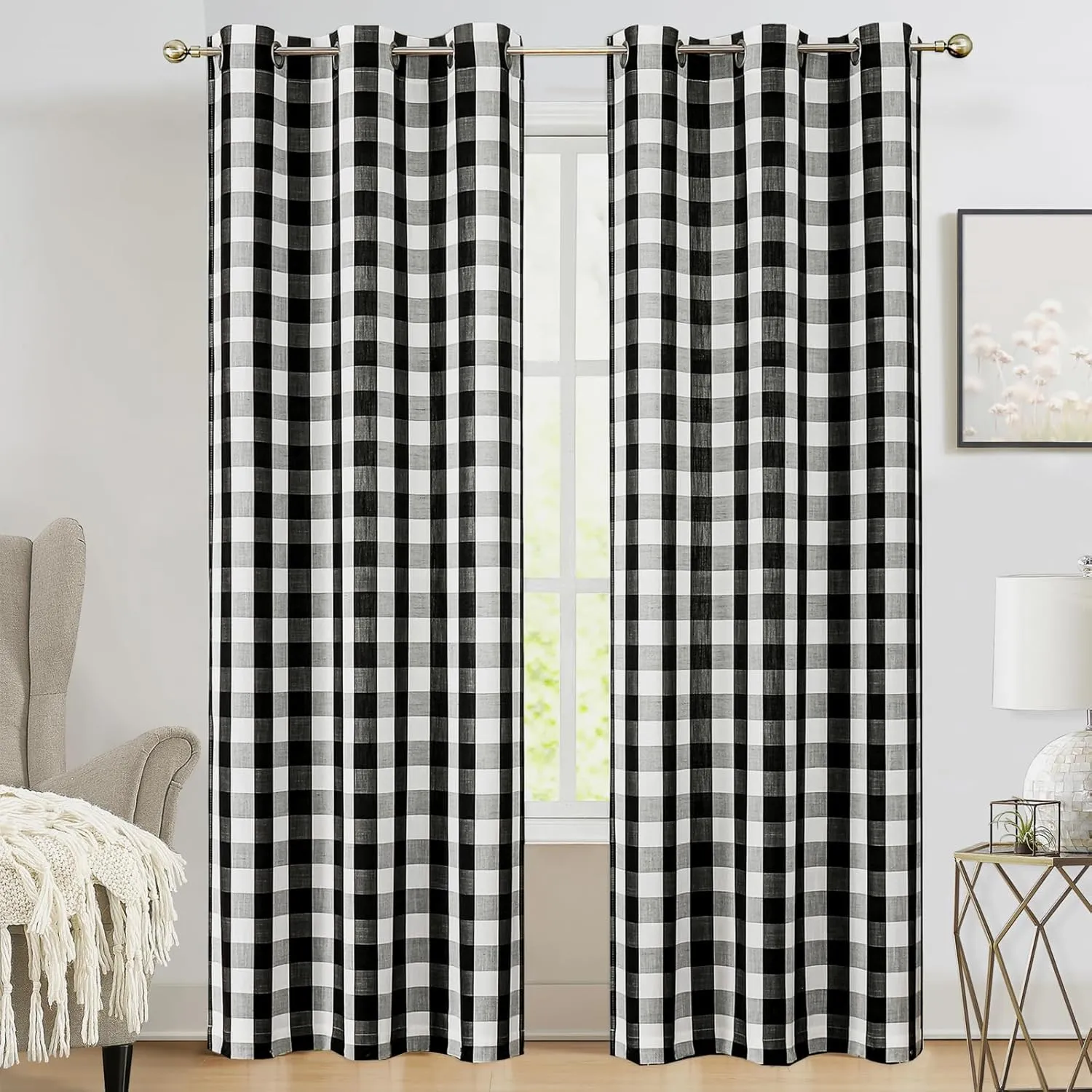 Amzdecor Buffalo Plaid Grommet Curtains 84 Inch Length, Semi-Sheer Farmhouse Rustic Check Textured Curtains Drapery for Living Room Bedroom,2 Panels （40" x 84", Black & White）