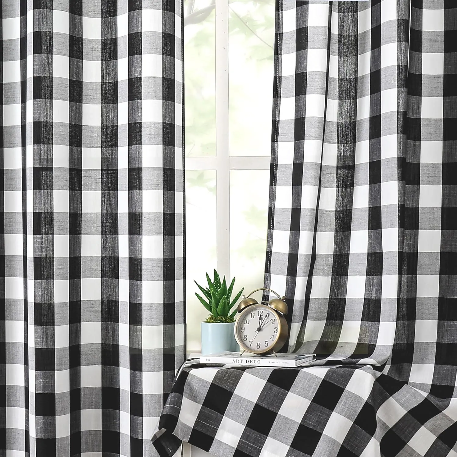 Amzdecor Buffalo Plaid Grommet Curtains 84 Inch Length, Semi-Sheer Farmhouse Rustic Check Textured Curtains Drapery for Living Room Bedroom,2 Panels （40" x 84", Black & White）