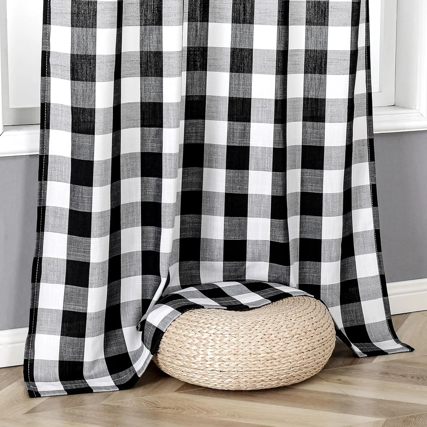 Amzdecor Buffalo Plaid Grommet Curtains 84 Inch Length, Semi-Sheer Farmhouse Rustic Check Textured Curtains Drapery for Living Room Bedroom,2 Panels （40" x 84", Black & White）