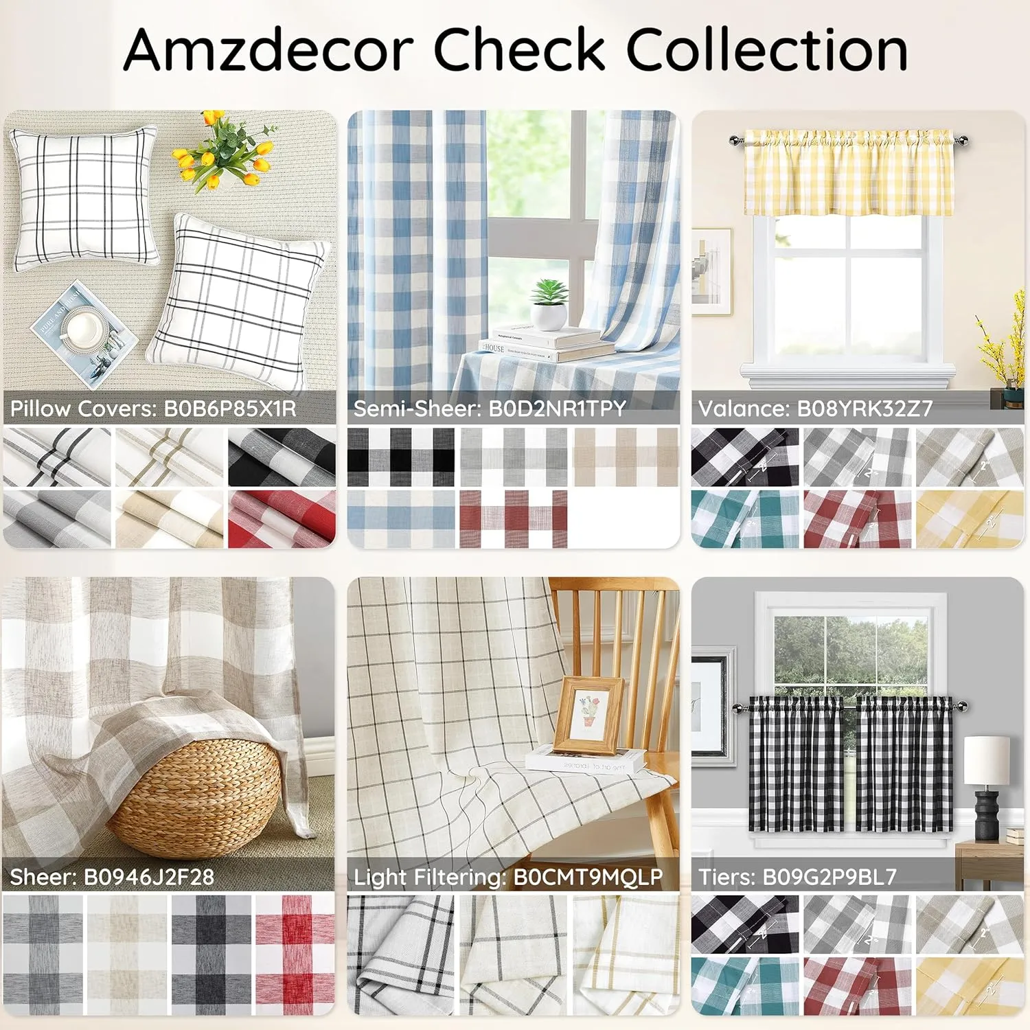 Amzdecor Buffalo Plaid Grommet Curtains 84 Inch Length,Semi-Sheer Gingham Check Textured Curtains Drapery for Living Room Bedroom,2 Panels （40" x 84", Gray & White）
