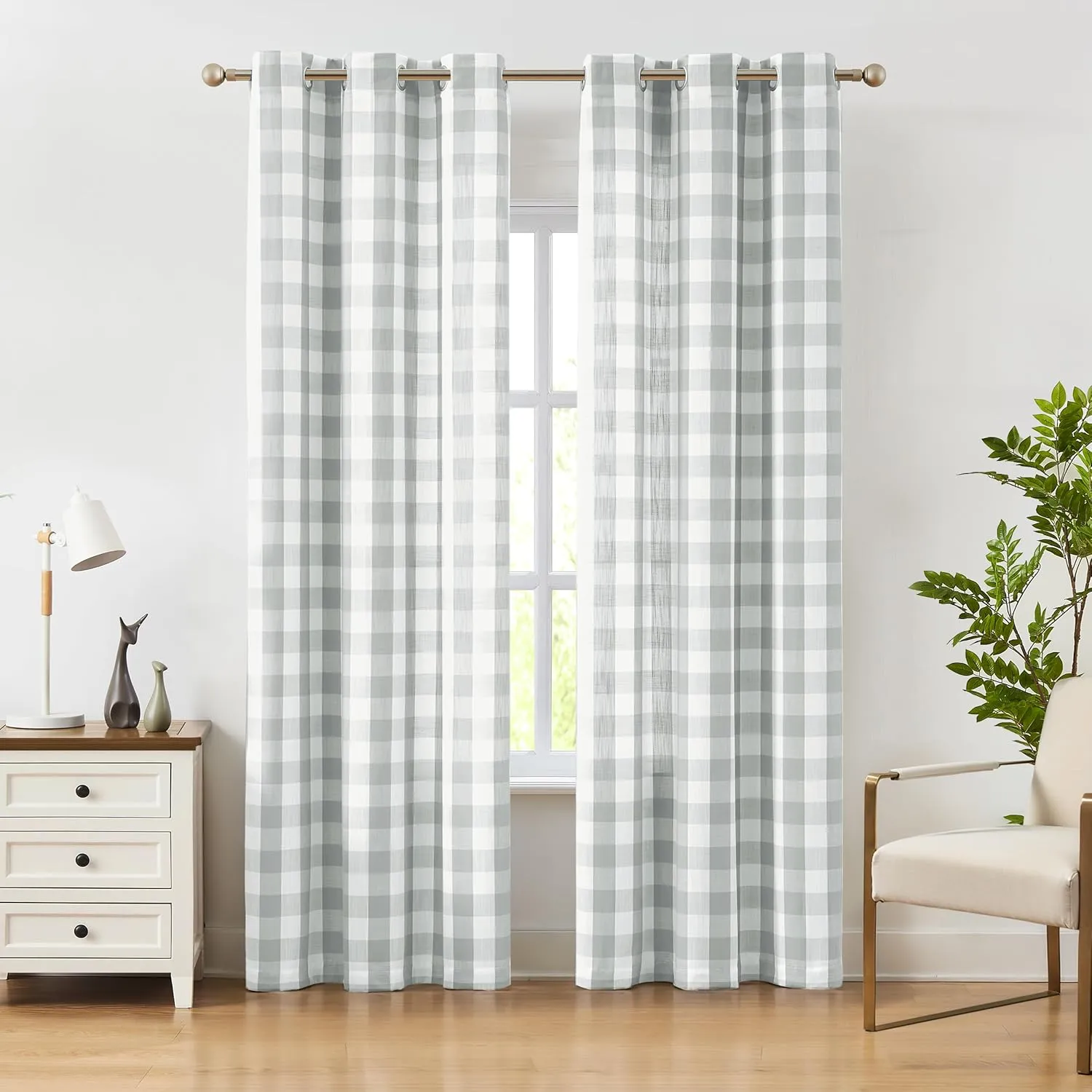 Amzdecor Buffalo Plaid Grommet Curtains 84 Inch Length,Semi-Sheer Gingham Check Textured Curtains Drapery for Living Room Bedroom,2 Panels （40" x 84", Gray & White）