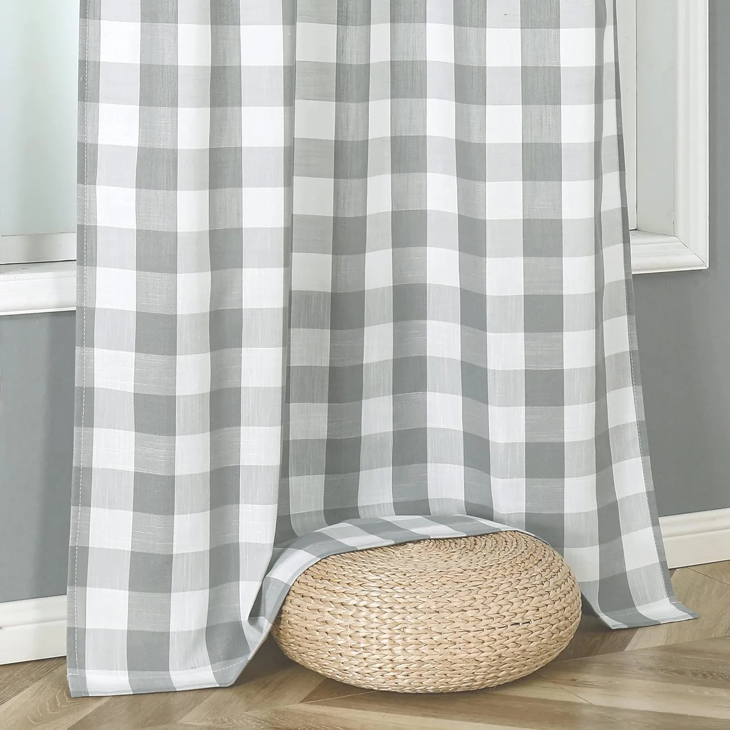 Amzdecor Buffalo Plaid Grommet Curtains 84 Inch Length,Semi-Sheer Gingham Check Textured Curtains Drapery for Living Room Bedroom,2 Panels （40" x 84", Gray & White）