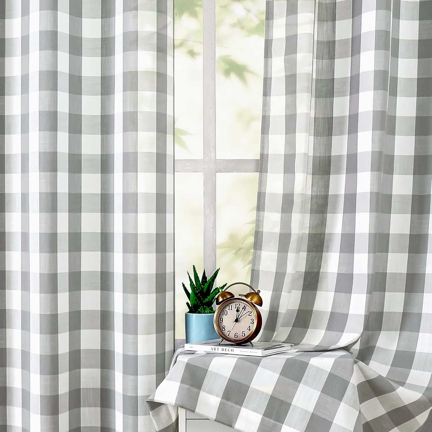 Amzdecor Buffalo Plaid Grommet Curtains 84 Inch Length,Semi-Sheer Gingham Check Textured Curtains Drapery for Living Room Bedroom,2 Panels （40" x 84", Gray & White）