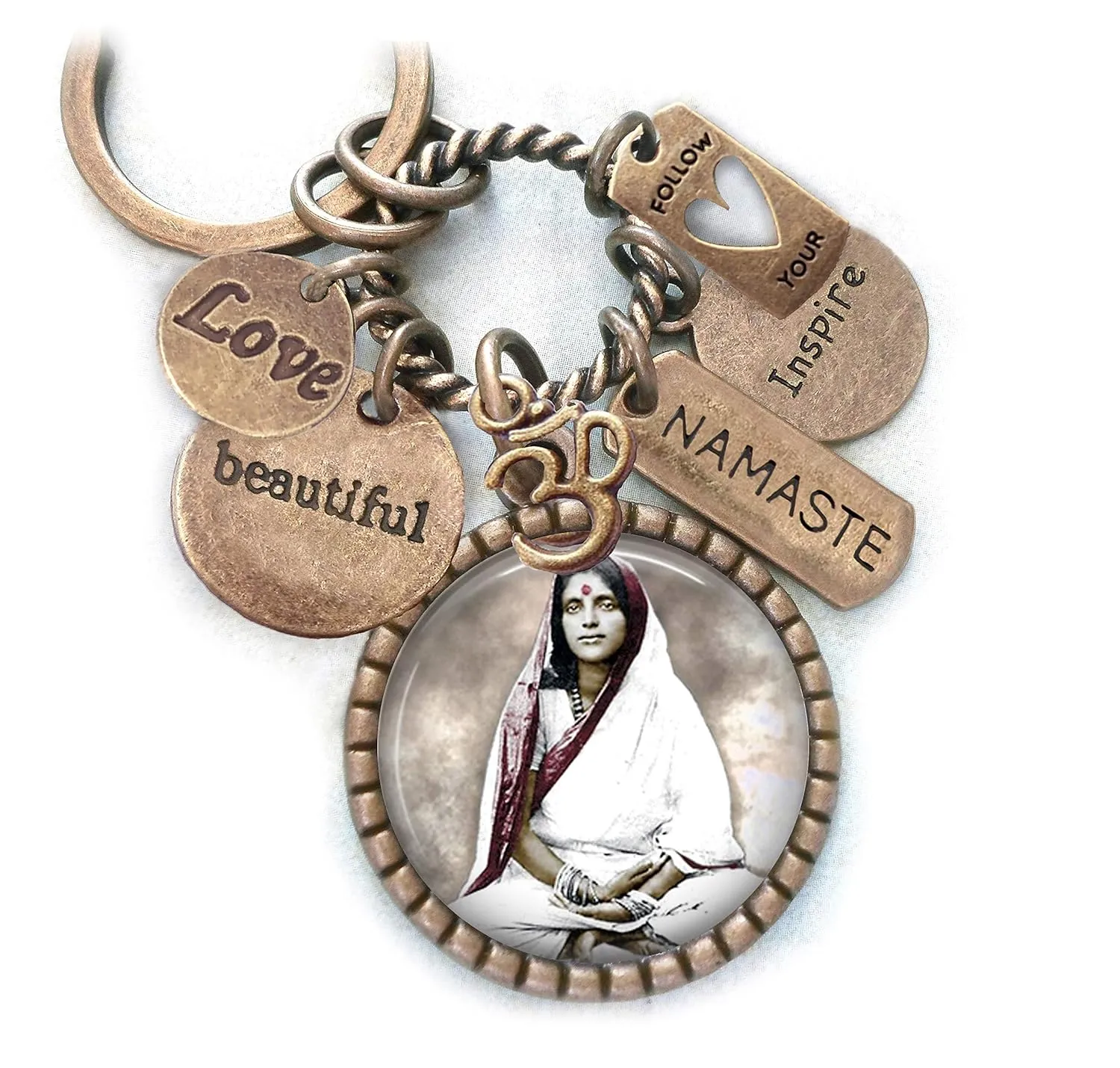 Anandamayi Ma Key Chain, Purse Clip or Necklace, Aum, Namaste Charms, Divine Mother Devotional Gift