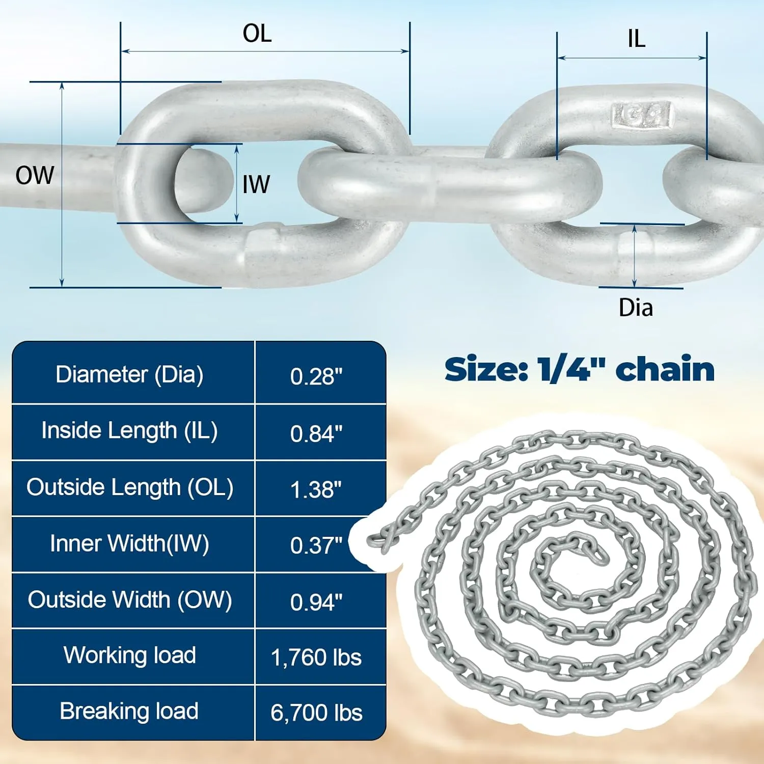 Anchor Combination Rope Chain Rode for Boat Windlass, 1/2" Anchor Rope 3-Strand 250ft with 1/4" G4 Hot-Dipped Galvanized Anchor Chain 15ft and Swivel Connector Kit