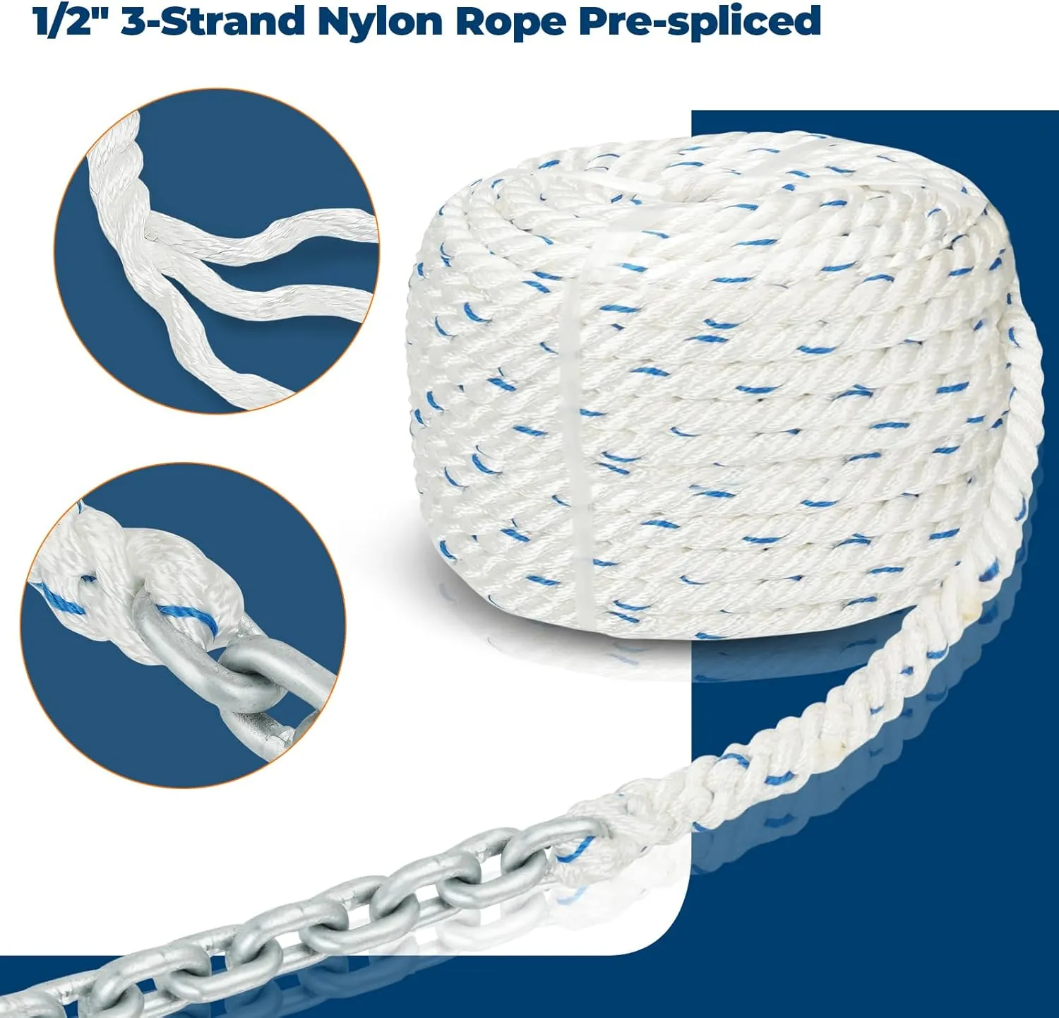 Anchor Combination Rope Chain Rode for Boat Windlass, 1/2" Anchor Rope 3-Strand 250ft with 1/4" G4 Hot-Dipped Galvanized Anchor Chain 15ft and Swivel Connector Kit
