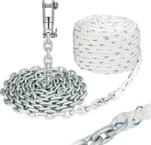 Anchor Combination Rope Chain Rode for Boat Windlass, 1/2" Anchor Rope 3-Strand 250ft with 1/4" G4 Hot-Dipped Galvanized Anchor Chain 15ft and Swivel Connector Kit
