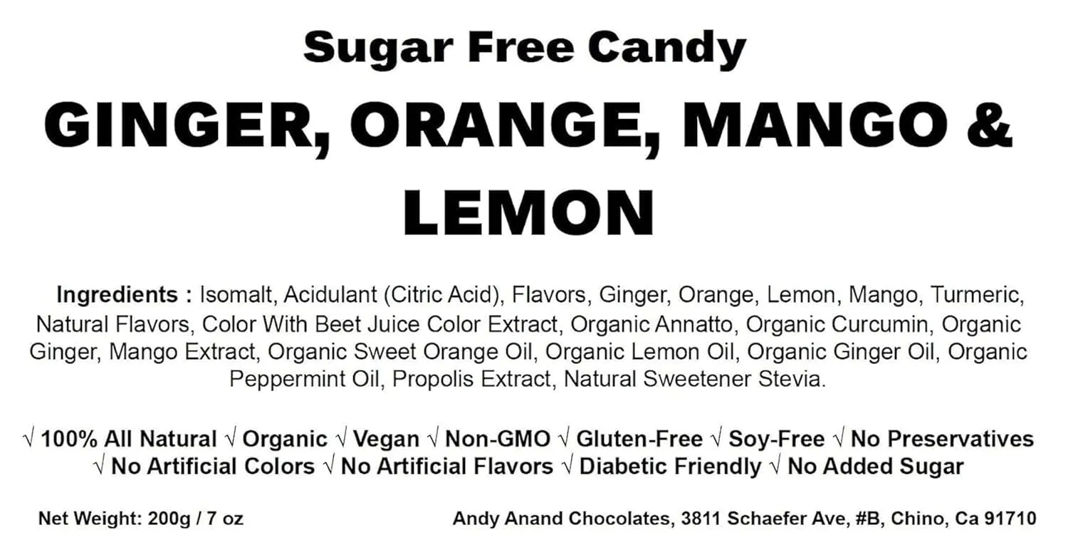Andy Anand Sugar Free Ginger Candy 55pc - Non-Gmo & Delicious Gluten Free Candy - Ginger Candies with Great Tasting 3 Flavors Orange, Mango & Lemon - Sweetened with Natural Stevia, Made in Italy 7 Oz