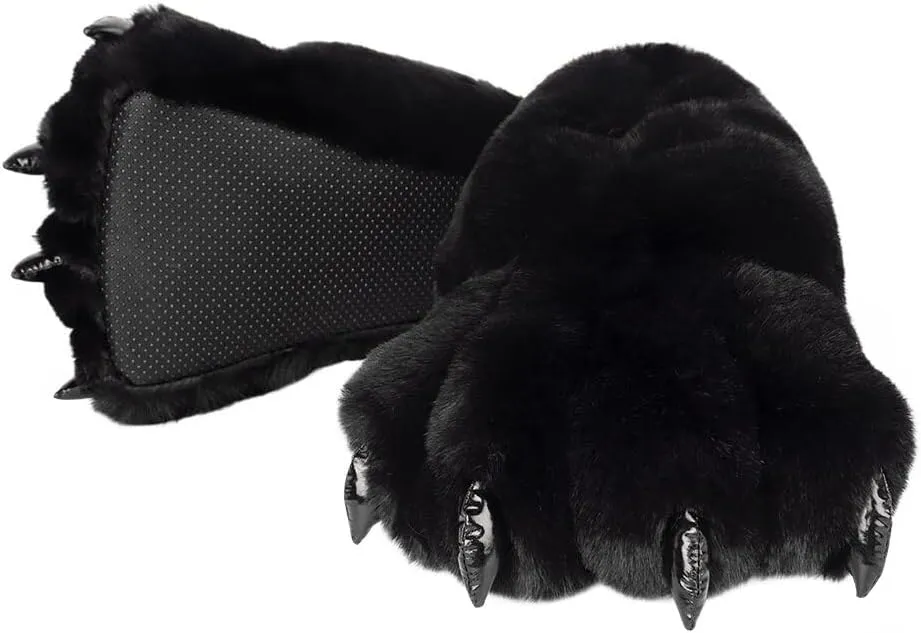 Animal Paw Slippers Plush Warm Home Closed Back Shoes Fluffy Funny Furry Bear Claw Anti Slip Slippers for Kids Boys Girls Adults Women Cosplay Holiday Indoor Winter (Black)