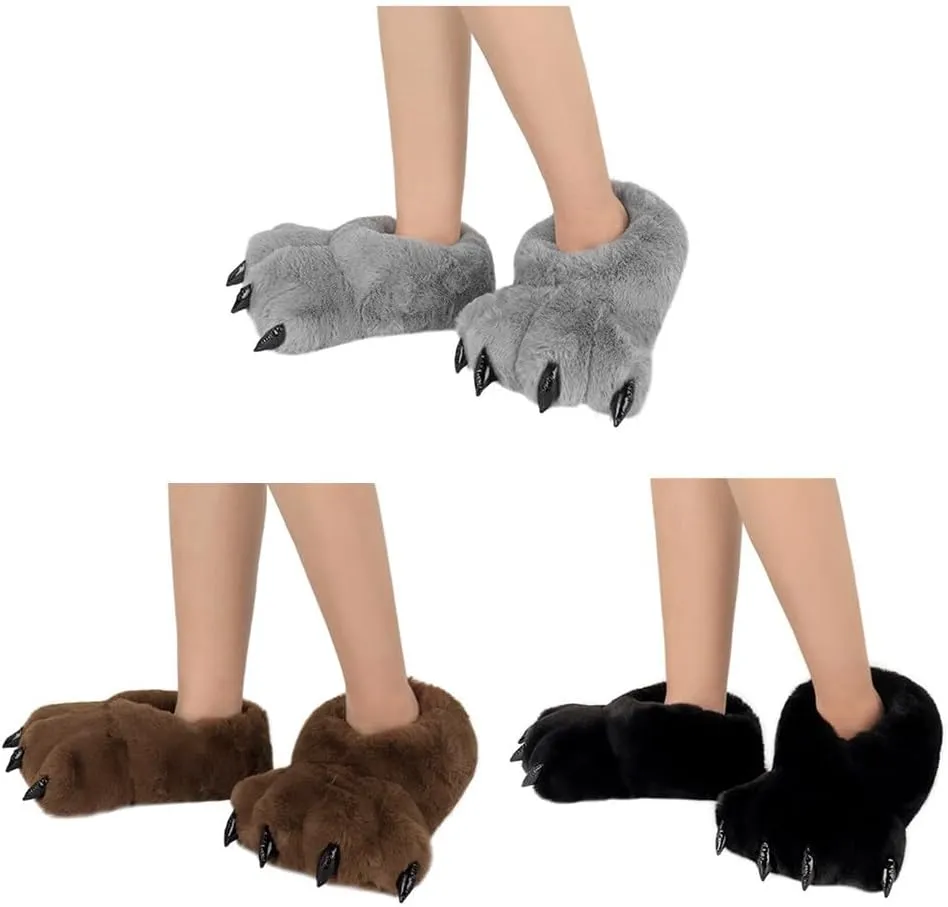 Animal Paw Slippers Plush Warm Home Closed Back Shoes Fluffy Funny Furry Bear Claw Anti Slip Slippers for Kids Boys Girls Adults Women Cosplay Holiday Indoor Winter (Black)