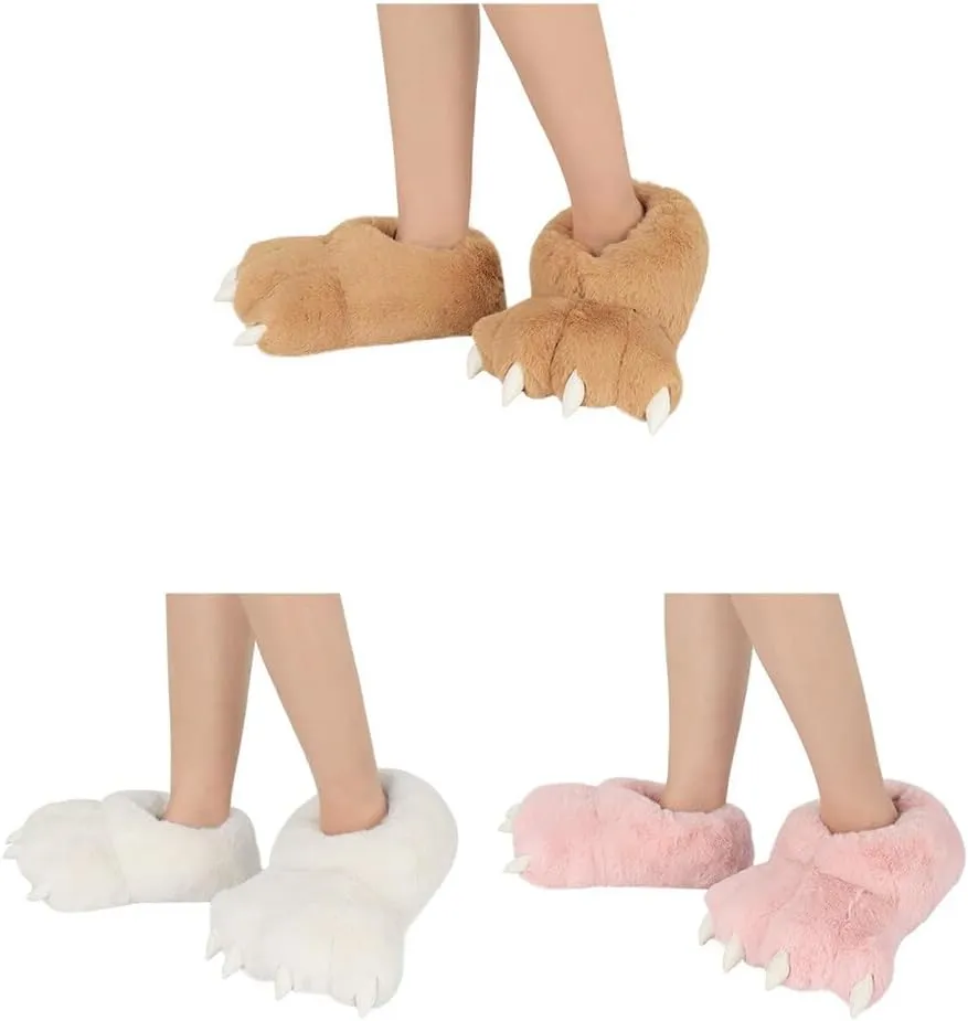Animal Paw Slippers Plush Warm Home Closed Back Shoes Fluffy Funny Furry Bear Claw Anti Slip Slippers for Kids Boys Girls Adults Women Cosplay Holiday Indoor Winter (Black)