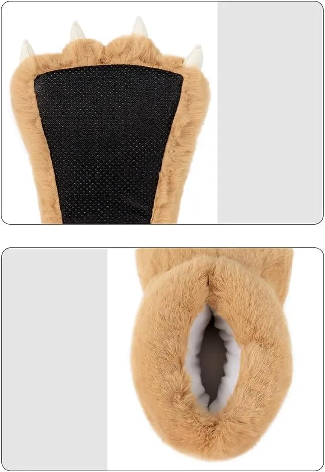Animal Paw Slippers Plush Warm Home Closed Back Shoes Fluffy Funny Furry Bear Claw Anti Slip Slippers for Kids Boys Girls Adults Women Cosplay Holiday Indoor Winter (Black)
