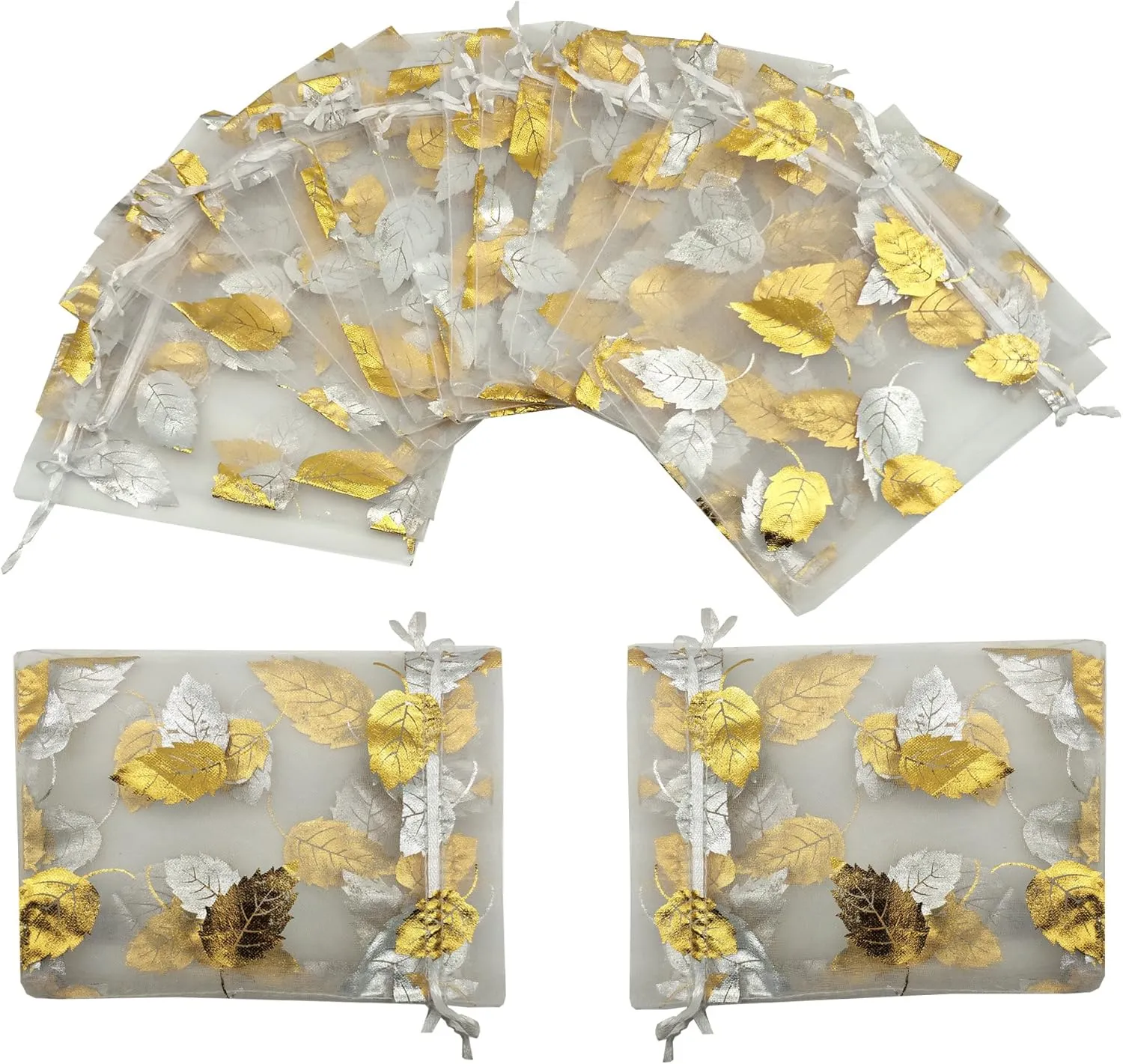Ankirol 100pcs Sheer Organza Favor Bags 5x7 inch Wedding Baby Shower Drawstring Pouches (white gold leaf)