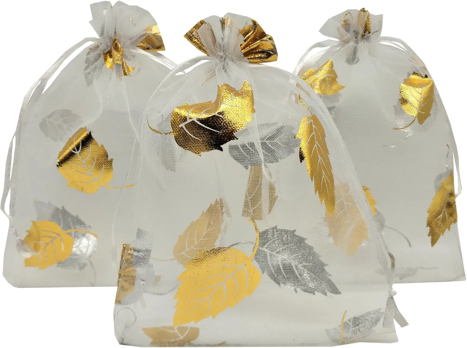Ankirol 100pcs Sheer Organza Favor Bags 5x7 inch Wedding Baby Shower Drawstring Pouches (white gold leaf)