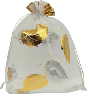 Ankirol 100pcs Sheer Organza Favor Bags 5x7 inch Wedding Baby Shower Drawstring Pouches (white gold leaf)