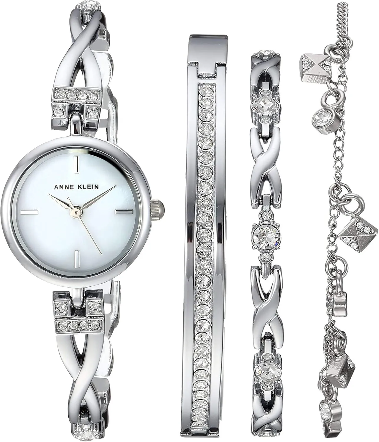 Anne Klein Women's Premium Crystal Accented Silver-Tone Watch and Bracelet Set