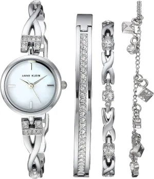 Anne Klein Women's Premium Crystal Accented Silver-Tone Watch and Bracelet Set