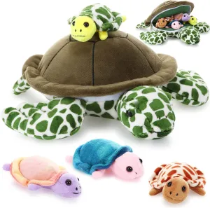 Aoriher 5 Pieces Plush Turtle Set Stuffed Turtle 12 Inch Stuffed Sea Turtle Mom with 4 Little Turtles Soft Plush Stuffed Animal Toys Tortoise Hugging for Birthday Easter, Christmas(Vivid Style)