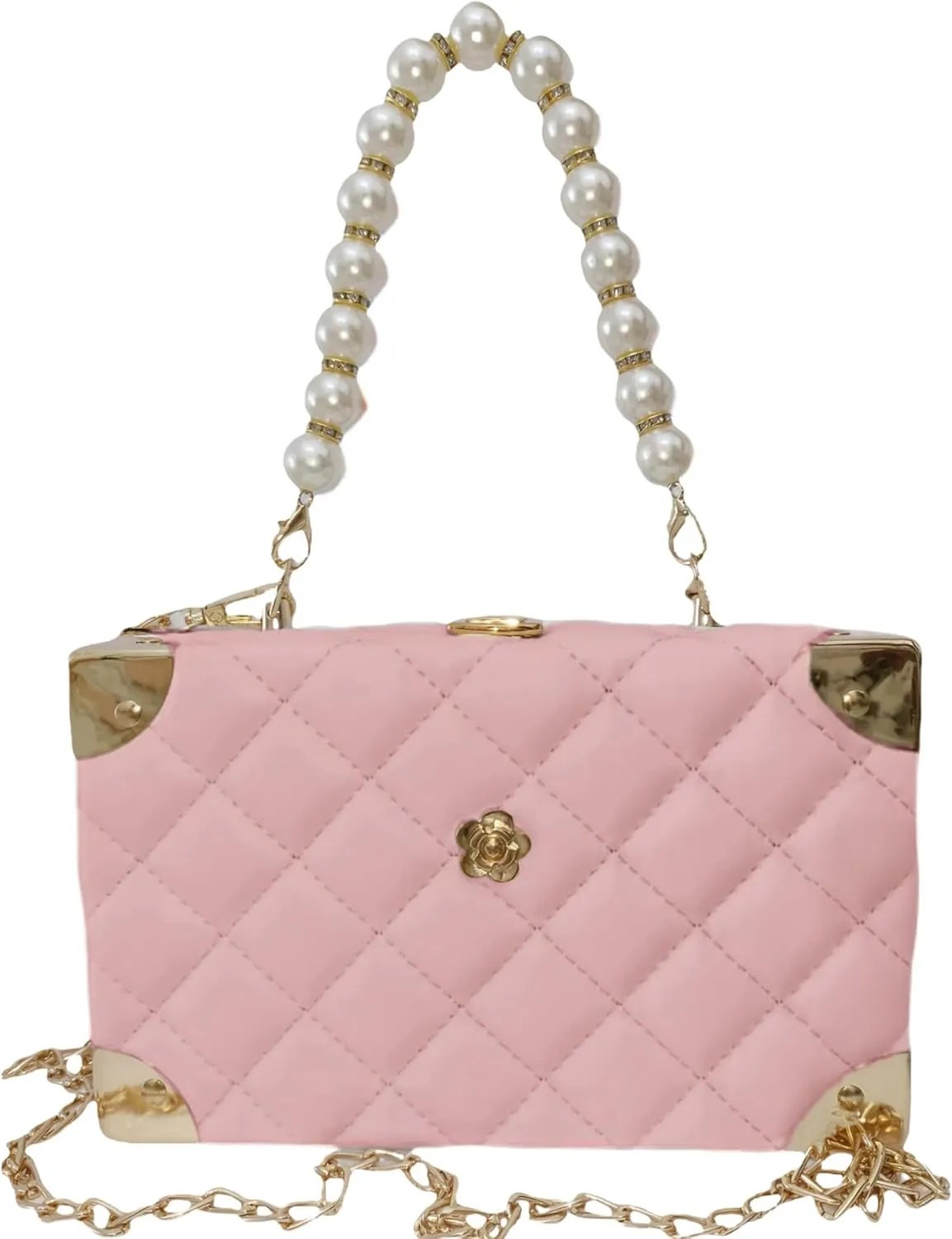 ARREBOL Small Cute Quilted Crossbody Purse with Pearl Handle and Chain for Women