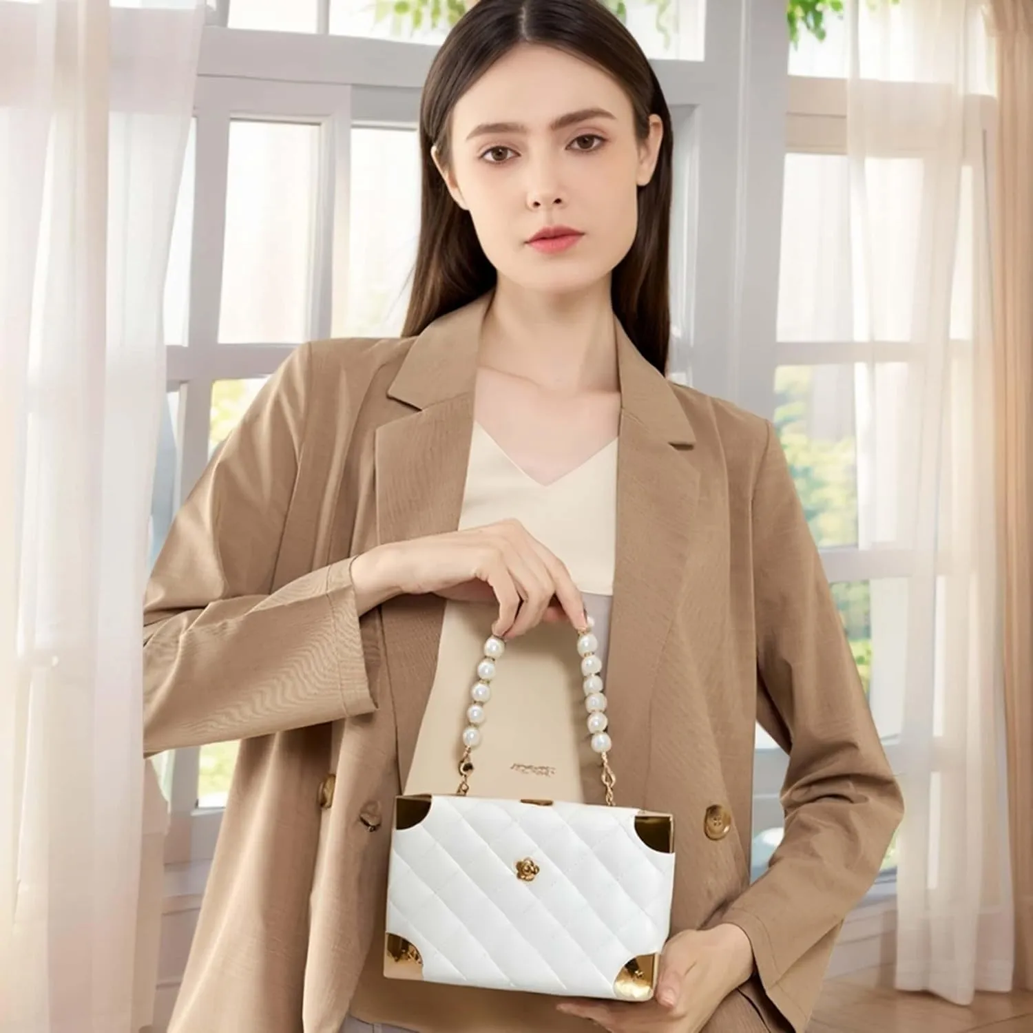 ARREBOL Small Cute Quilted Crossbody Purse with Pearl Handle and Chain for Women
