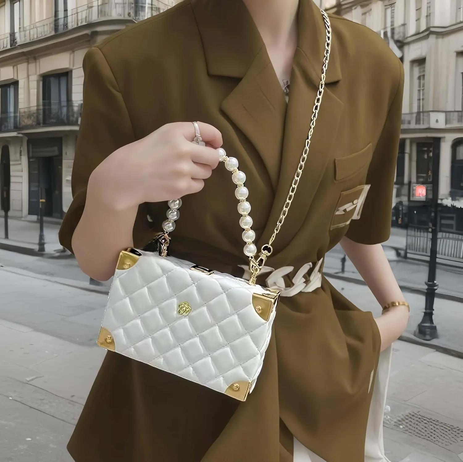 ARREBOL Small Cute Quilted Crossbody Purse with Pearl Handle and Chain for Women