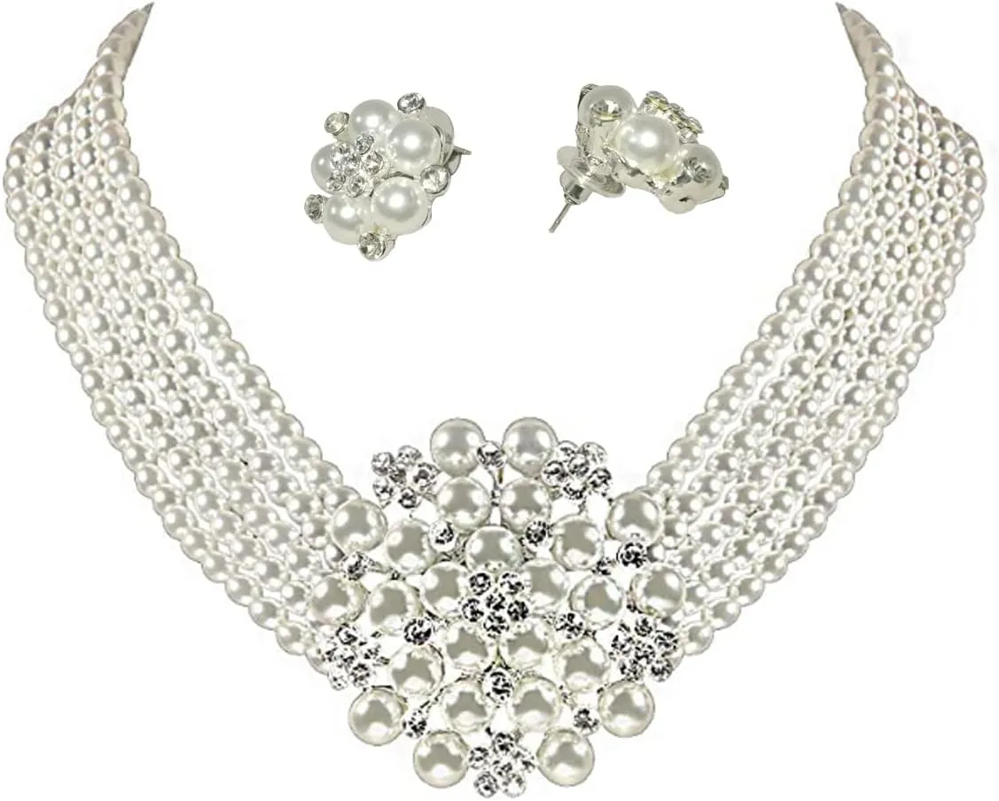 Audrey Hepburn Style Faux Pearl Necklace Set Strand Ear clip or Stud Pin on Earrings for selection Wedding Inspired by Breakfast at Tiffany's for Women LFFJ036