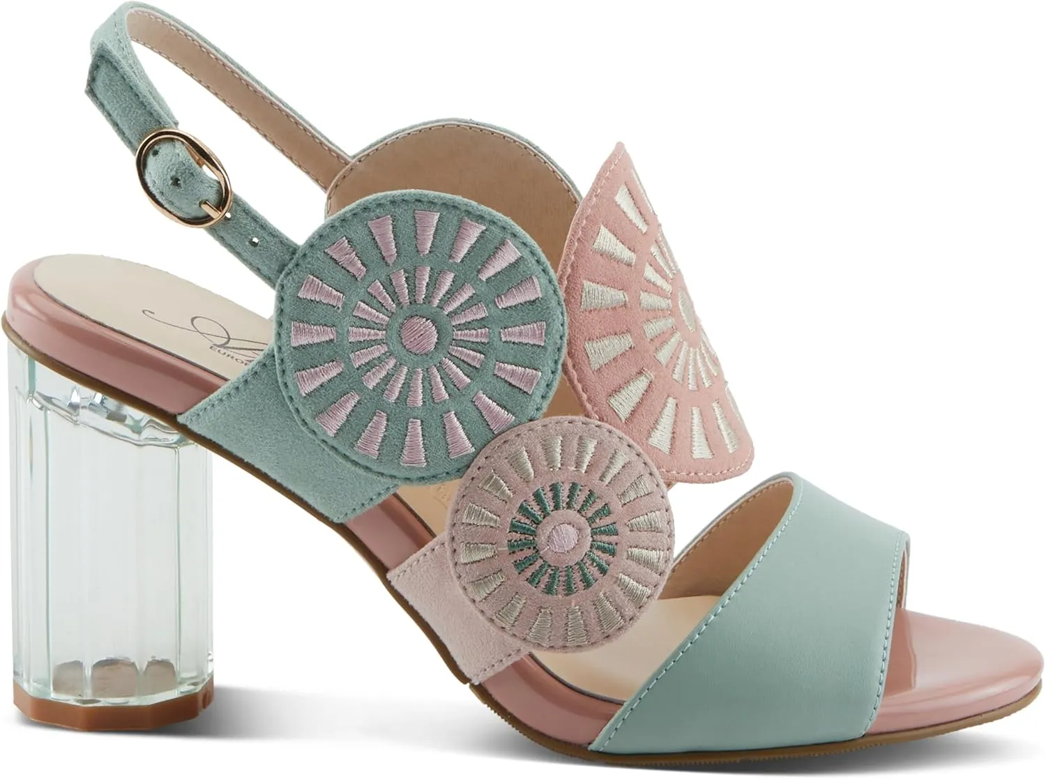 Azura Women's Embroidery Pumps & Heels - Geometric Design, Adjustable Ankle Strap, Transparent Cylindrical Heel
