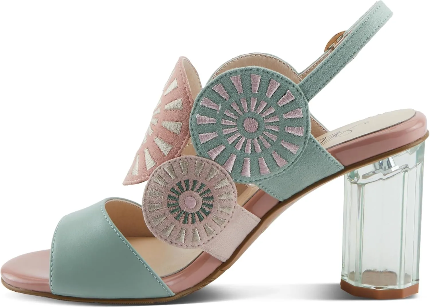 Azura Women's Embroidery Pumps & Heels - Geometric Design, Adjustable Ankle Strap, Transparent Cylindrical Heel
