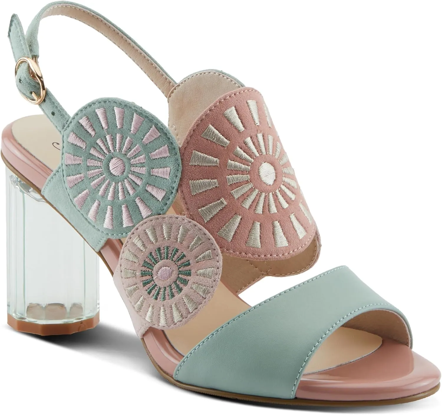 Azura Women's Embroidery Pumps & Heels - Geometric Design, Adjustable Ankle Strap, Transparent Cylindrical Heel