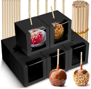 BadenBach 40 Pack Kraft Candy Apple Boxes with Sticks,4" x 4" x 4",Caramel Apple Box Kit Chocolate Cake Treat Boxes with Clear Window for Easter,Mother's Day,Wedding,Party,Baby Shower (Black)