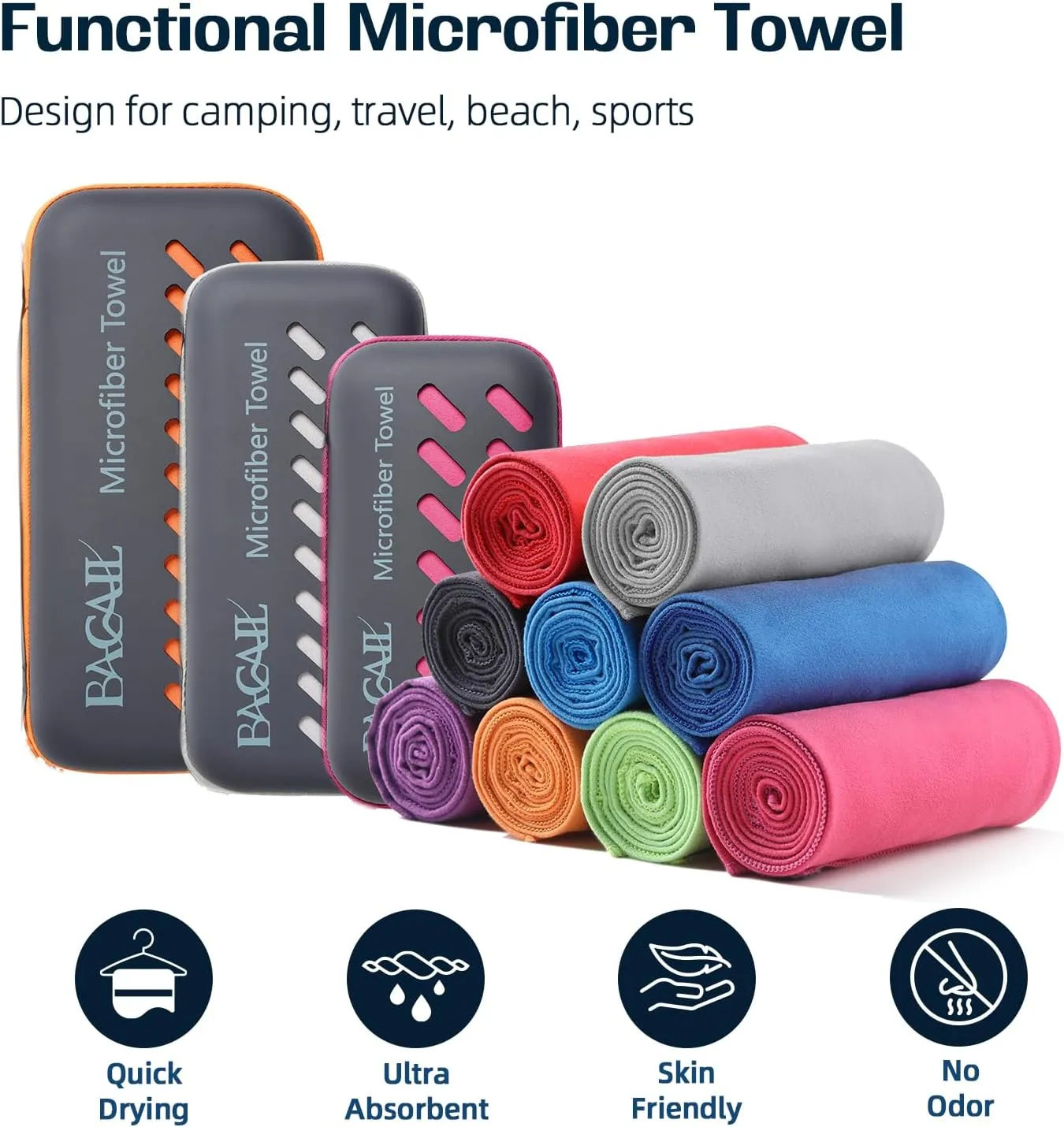 BAGAIL Camping Towel with EVA Case, Compact & Ultra Soft Microfiber Travel Towel - Super Absorbent & Lightweight Quick Dry Towels for Sports, Beach, Gym, Backpacking, Hiking and Yoga