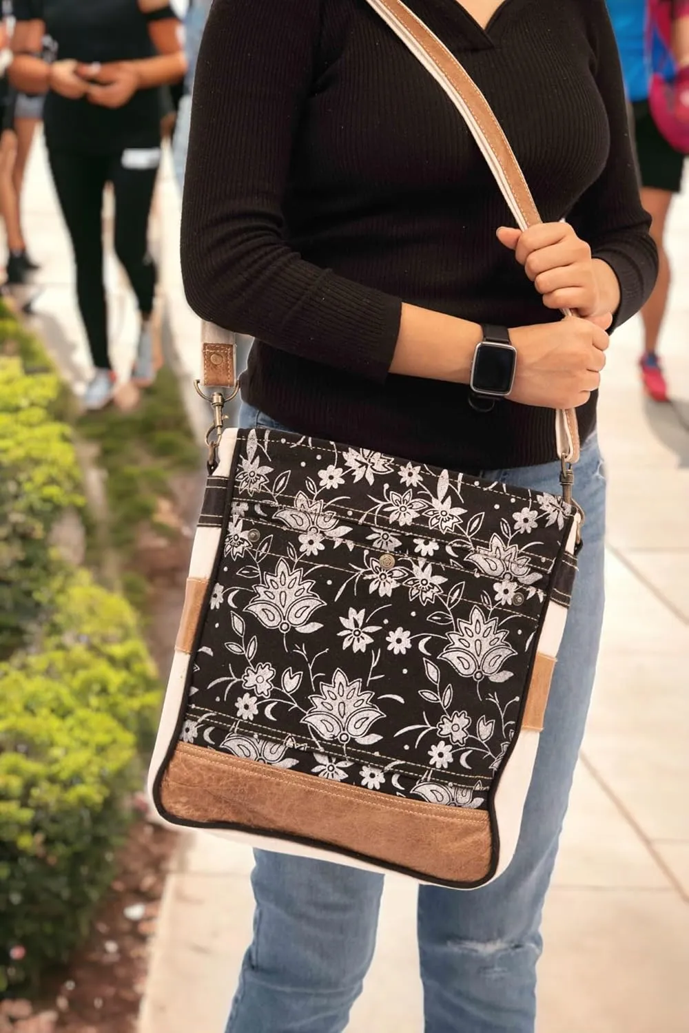 Bags SEL de MER Upcycled Blossom Print Canvas & Leather Shoulder Bag, Canvas Crossbody Bags for Women