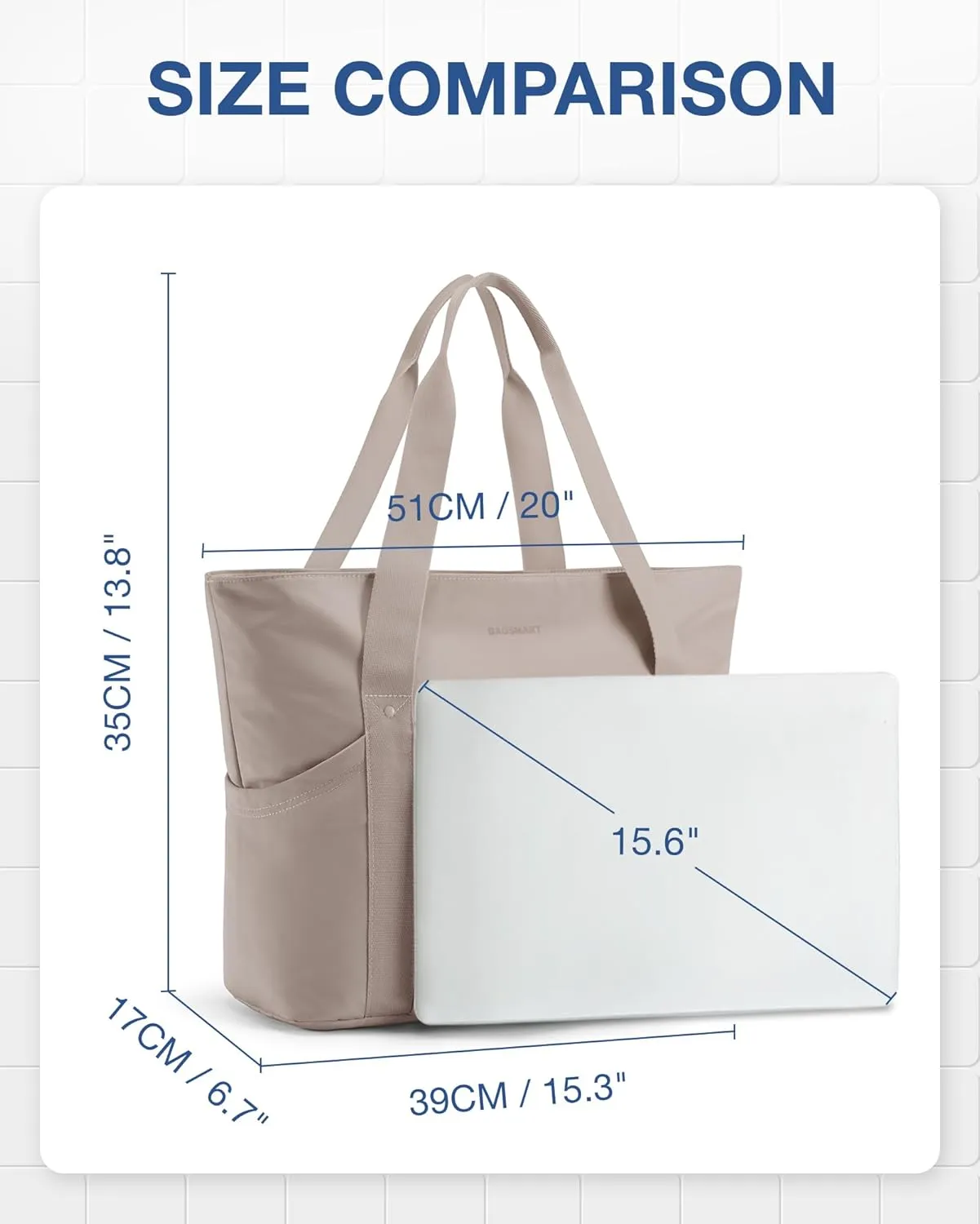 BAGSMART Tote Bag for Women, Tote Shoulder Bag with Laptop Compartment and Zipper Handbag for Travel, Work