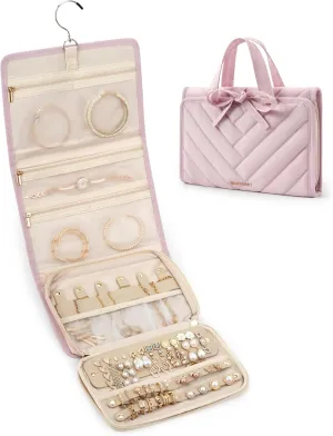BAGSMART Travel Jewelry Case, Hanging Roll Jewelry Bag with Zipper Pockets for Travel, Large Capacity Jewelry Travel Case for Rings, Necklaces, Earrings, Bracelets, Portable Travel Essentials, Pink