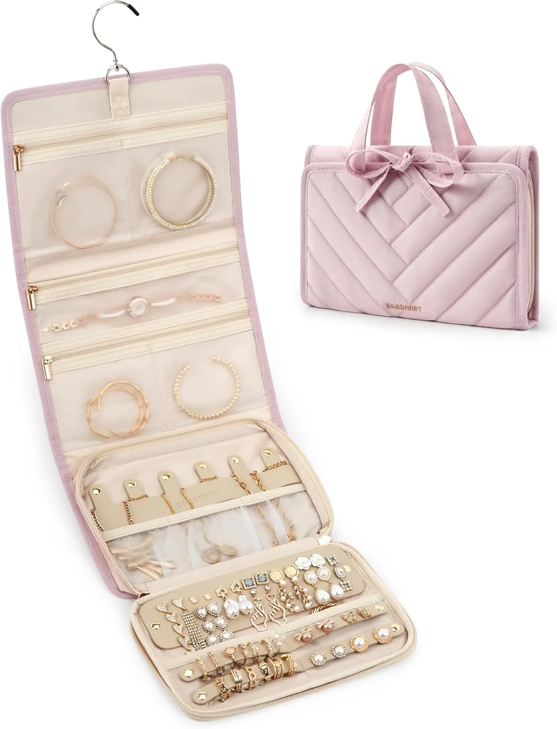 BAGSMART Travel Jewelry Case, Hanging Roll Jewelry Bag with Zipper Pockets for Travel, Large Capacity Jewelry Travel Case for Rings, Necklaces, Earrings, Bracelets, Portable Travel Essentials, Pink
