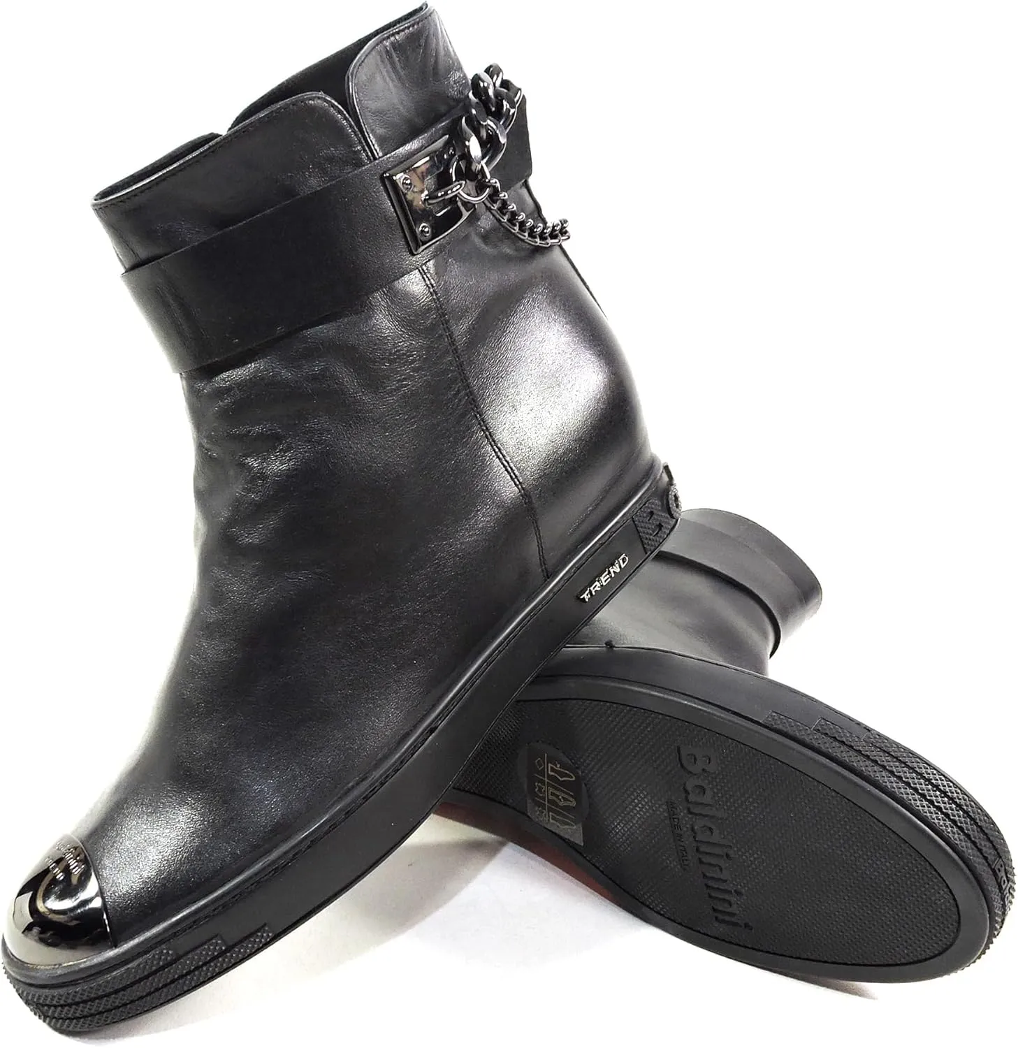 Baldinini Women's Black Leather Ankle Boots, Metal Toe Cap, Chain Detail, Comfort Chelsea Style