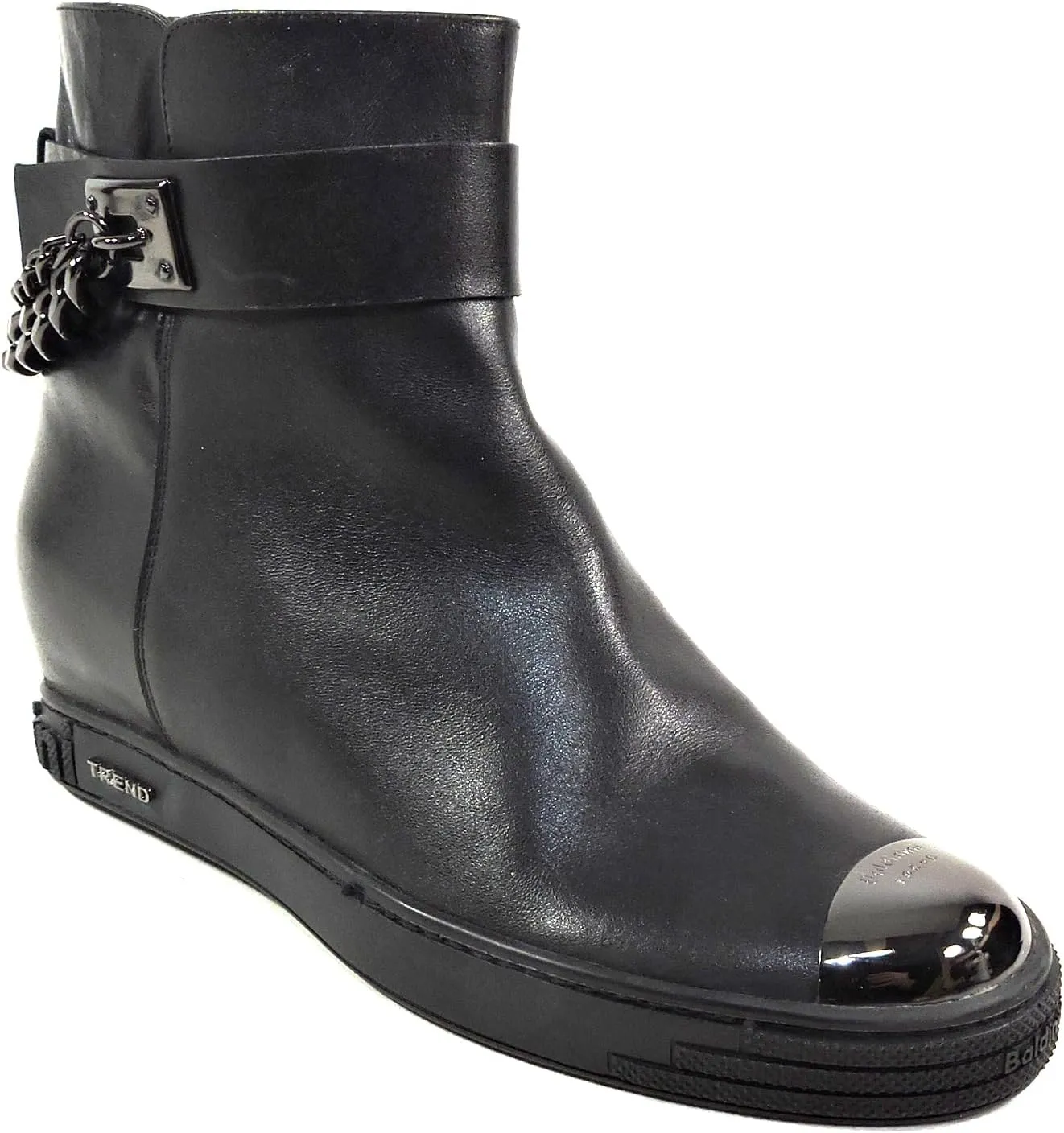 Baldinini Women's Black Leather Ankle Boots, Metal Toe Cap, Chain Detail, Comfort Chelsea Style