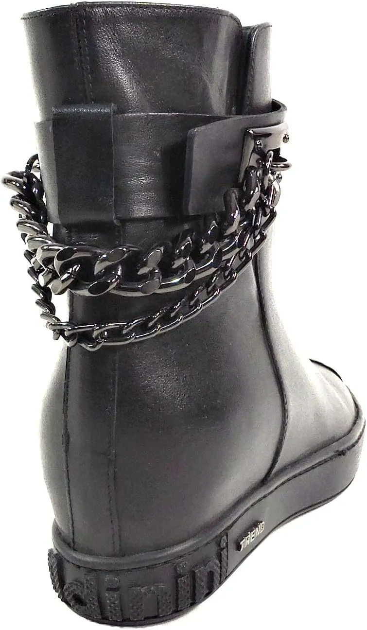 Baldinini Women's Black Leather Ankle Boots, Metal Toe Cap, Chain Detail, Comfort Chelsea Style