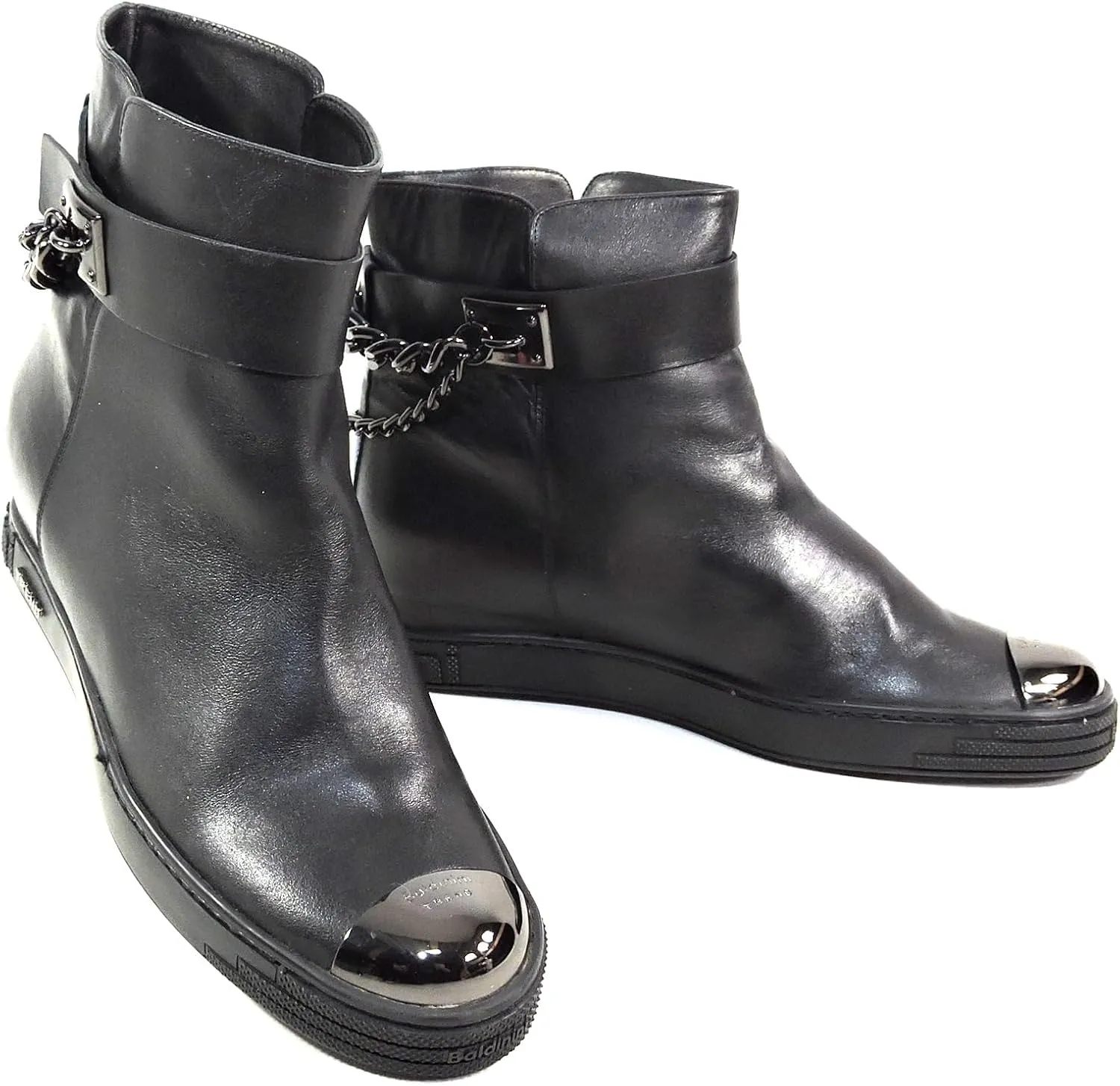Baldinini Women's Black Leather Ankle Boots, Metal Toe Cap, Chain Detail, Comfort Chelsea Style