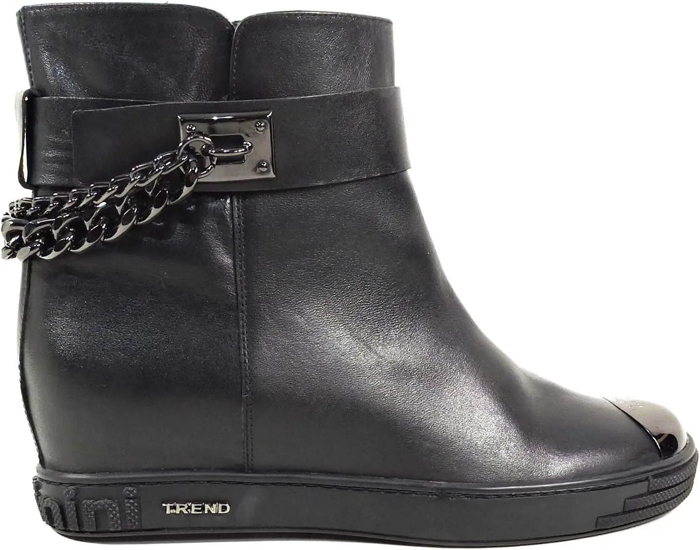 Baldinini Women's Black Leather Ankle Boots, Metal Toe Cap, Chain Detail, Comfort Chelsea Style