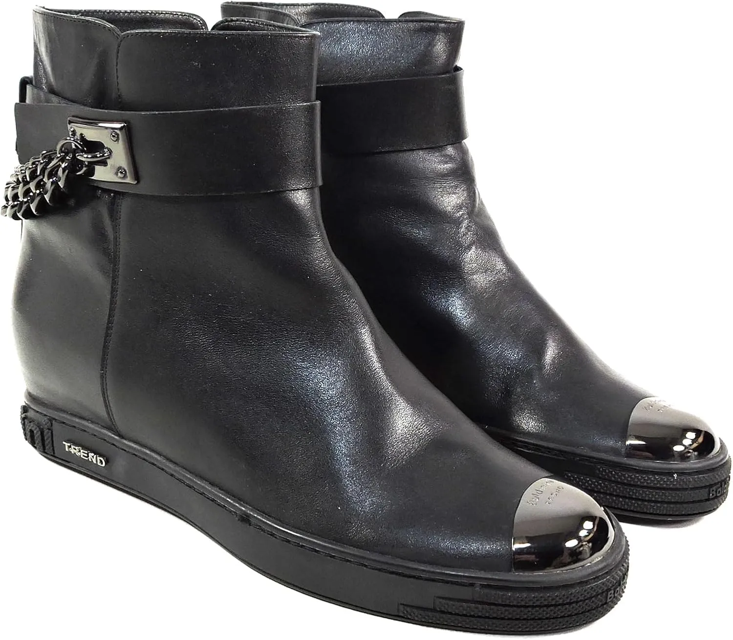 Baldinini Women's Black Leather Ankle Boots, Metal Toe Cap, Chain Detail, Comfort Chelsea Style