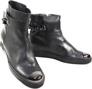 Baldinini Women's Black Leather Ankle Boots, Metal Toe Cap, Chain Detail, Comfort Chelsea Style