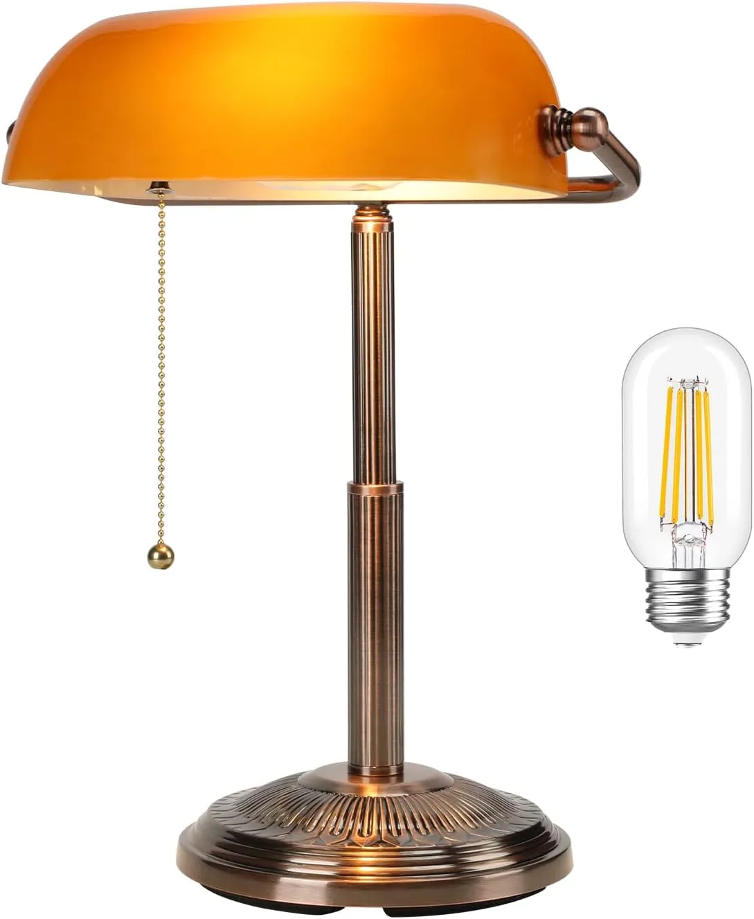 Bankers Desk Lamp, Amber Retro Lamp, Vintage Lamp with Pull Chain Switch for Home Office, LED Bulb Included (Copper Amber)