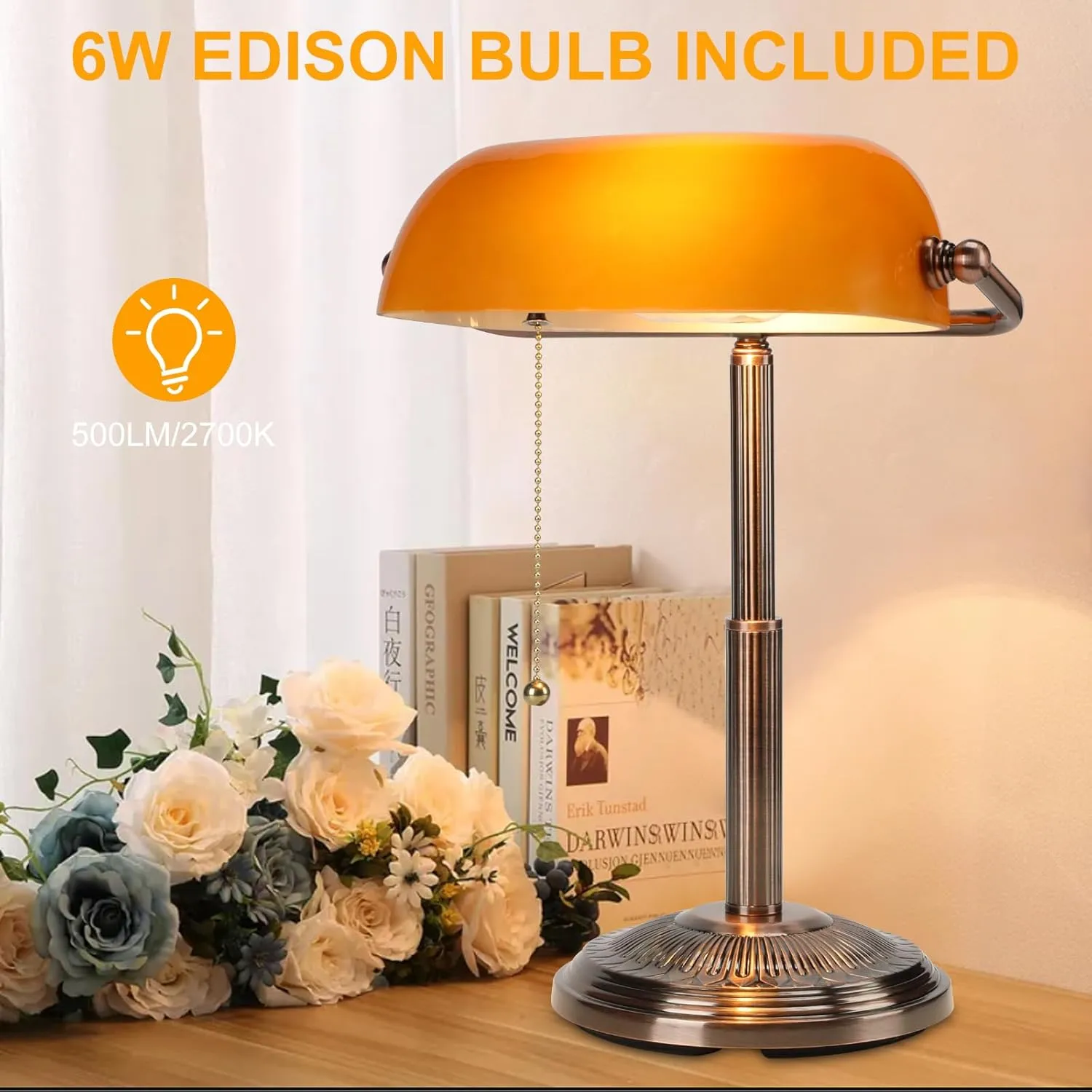 Bankers Desk Lamp, Amber Retro Lamp, Vintage Lamp with Pull Chain Switch for Home Office, LED Bulb Included (Copper Amber)