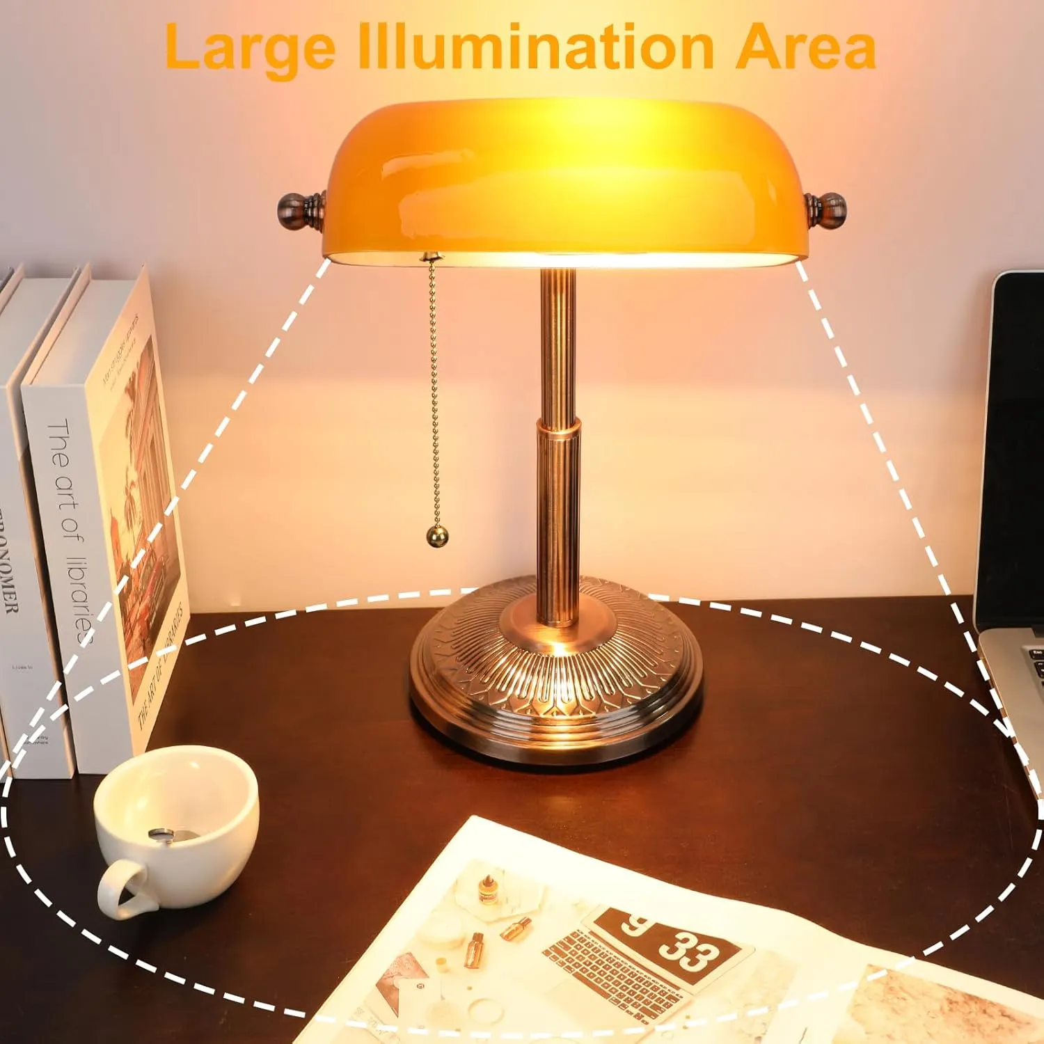 Bankers Desk Lamp, Amber Retro Lamp, Vintage Lamp with Pull Chain Switch for Home Office, LED Bulb Included (Copper Amber)